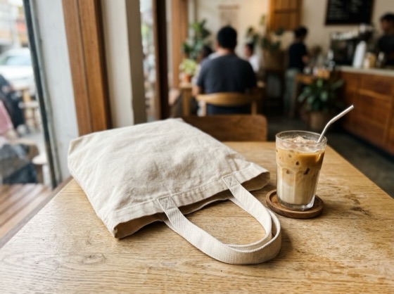 Ảnh khách gửi: túi tote vải canvas màu kem trên bàn quán cà phê